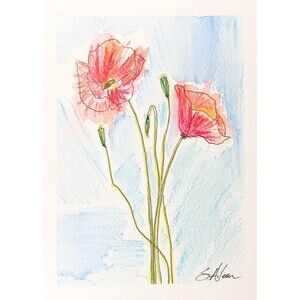 Watercolor Painting Expressive Floral Poppies Blue Sky Impressionist Signed 5x7